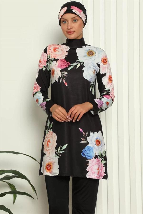 Tam Tesettür Dijital Desenli Mayo Siyah - Image 1