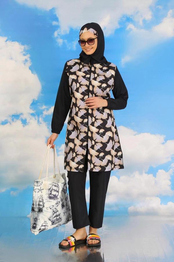 Kadın Pantolonlu Desenli Tam Tesettür Mayo Lacivert - Image 1