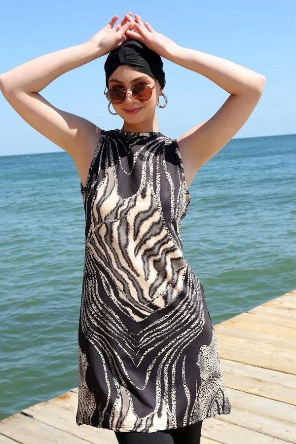 Sıfır Kol Leopar Yarım Tesettür Mayo Siyah - Image 1