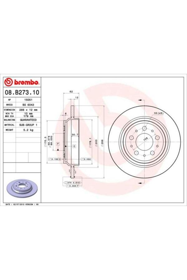 Brembo Arka Fren Aynası Volvo S60 01-10 S70 01-05 S80 98-06 Xc70 00-07 288X12X5Dl Delykly - Image 1