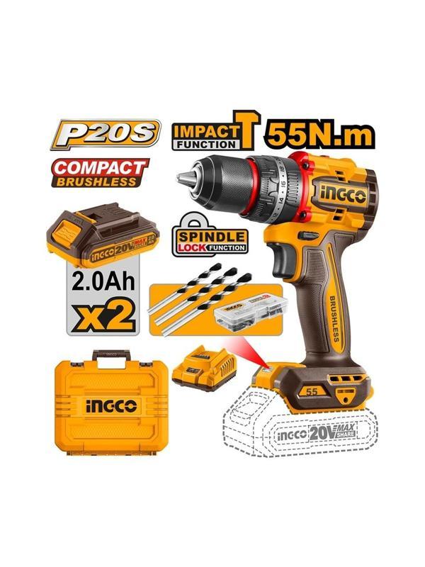 Ingco Darbeli Matkap Seti 13 mm 20V 2X2.0AH- CIDLI20558E - Image 1