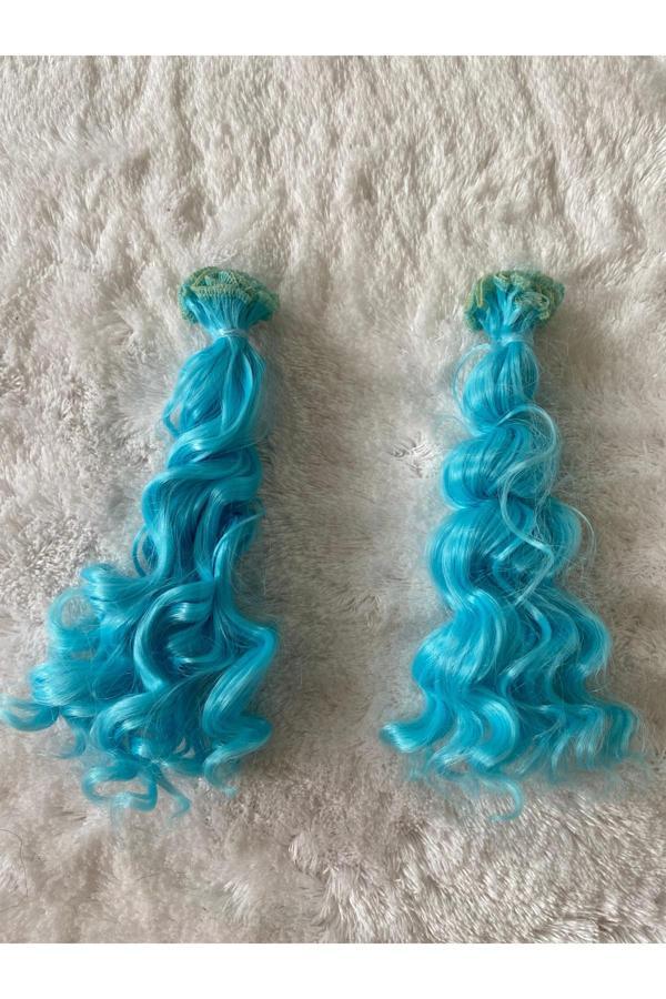 Trendhobievi Amigurumi Sentetik Kıvırcık Saç Oyuncak Bebek Saçı 15 Cm ( 2 Adet Fiyatı ) Mavi - Image 1