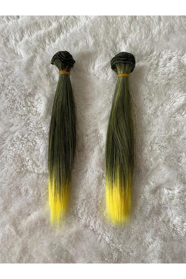Trendhobievi Amigurumi Sentetik Saç Oyuncak Bebek Saçı 20 Cm ( 2 Adet Fiyatı ) Yeşil Sarı Karışımı - Image 1