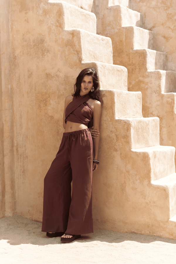 Moira Bordo Keten Crop Pantolon Takım  - Image 1