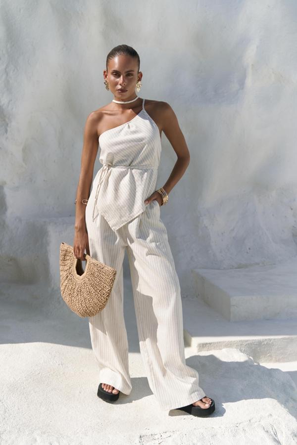 Behin Çizgili Bağlamalı Bej Crop Pantolon Takım - Image 1