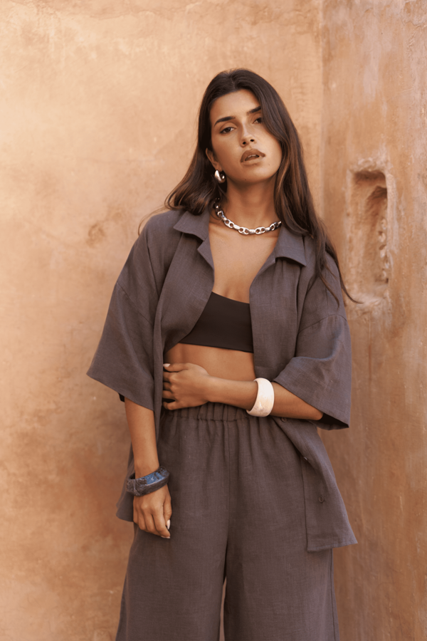 Baron Soft Kahve Keten Gömlek Pantolon Takım - Image 1