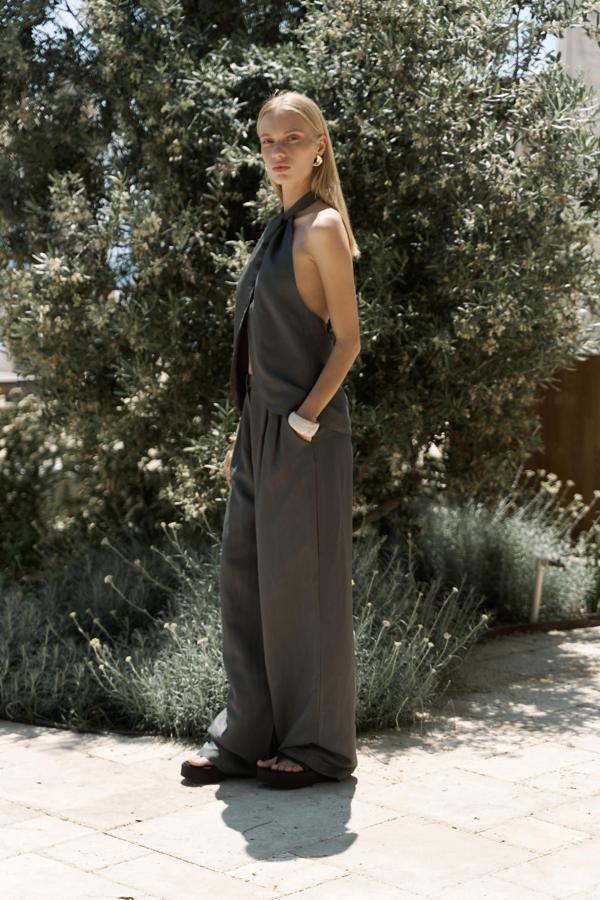 Prasetsah Bağlamalı Antrasit Crop Pantolon Takım - Image 1