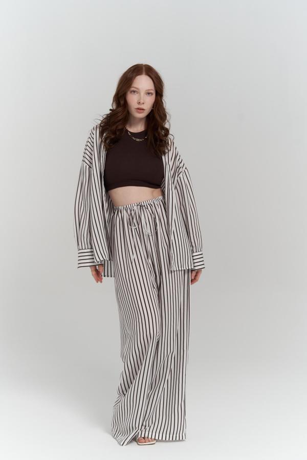 Beatrix Kahve Çizgili Ekru Gömlek Pantolon Takım - Image 1