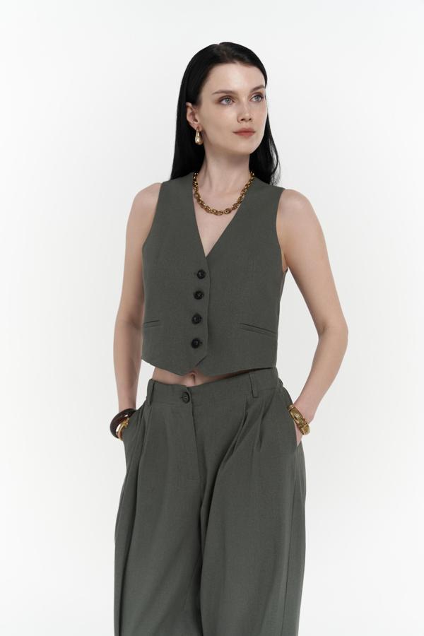 Anka Keten Yeşil Yelek Pantolon Takım - Image 1