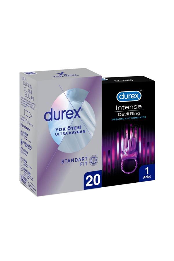 Durex Yok Ötesi Ultra Kaygan İnce Prezervatif 20'Li + Intense Devil Ring Titreşimli Halka Eğlence Paketi - Image 1