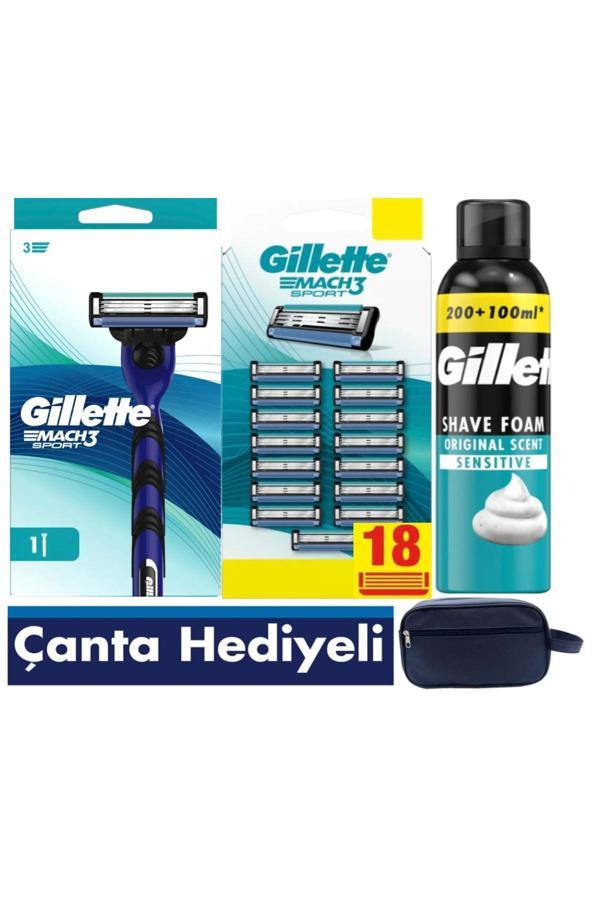 Gillette Mach3 Sport Makine + 18 Adet Tıraş Bıçağı + 300 Ml Tıraş Köpüğü+ Çanta - Image 1