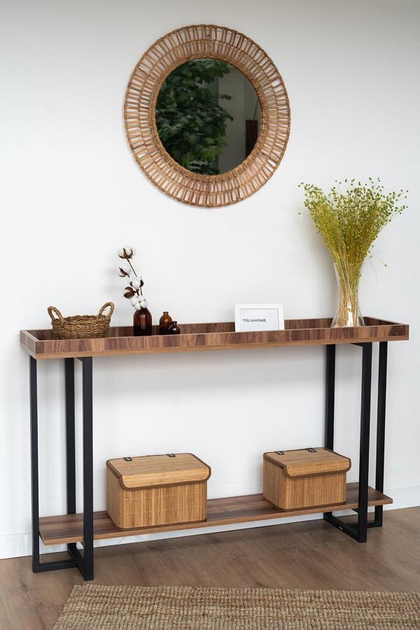 Tolia Home Çerçeveli 2 Katlı Ceviz Dresuar Konsol Metal İskelet Vestiyer Rafı - Image 1