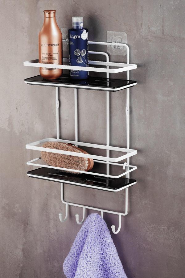 Yapışkanlı Ömür Boyu Paslanmaz Kristal Ayarlanabilir Raf Banyo Düzenleyici Şampuanlık Beyaz - SiyahL - Image 1