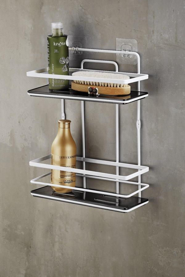 Yapışkanlı Ömür Boyu Paslanmaz Kristal Ayarlanabilir Raf Banyo Düzenleyici Şampuanlık Beyaz - SiyahL - Image 1