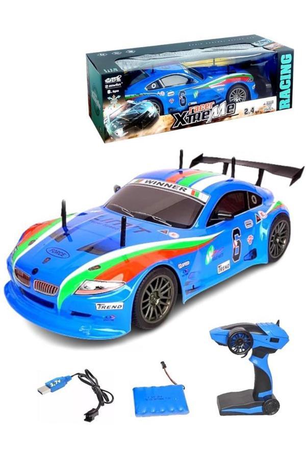 Şarjlı Kumandalı 1:10 Ölçek 25KM/H Hıza Çıkabilen Oyuncak RC Full Fonksiyon Drift Yarış Arabası MAVİ - Image 1