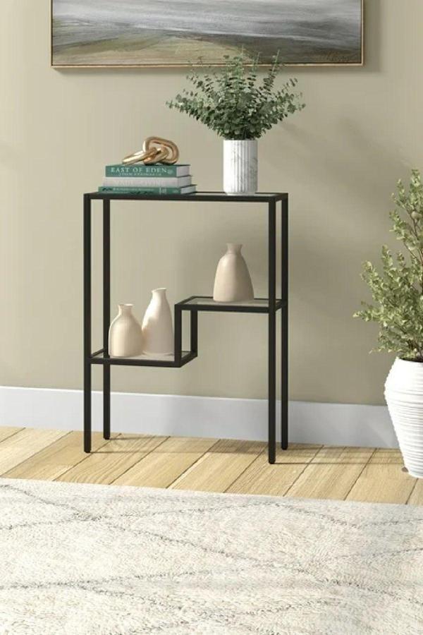 Tolia Home Modern Siyah Renk Metal İskeletli Temper Camlı Raflı Dresuar Konsol - Image 1