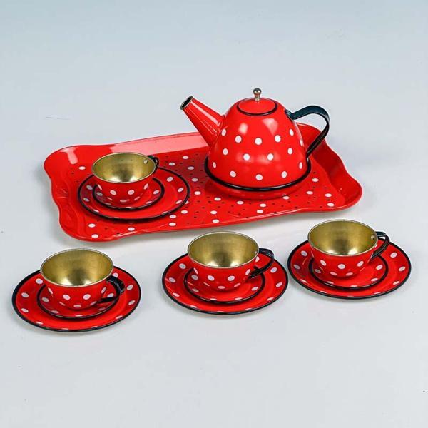 14 Parça Metal Kırmızı Beyaz Desenli Oyuncak Çay Seti - Image 1