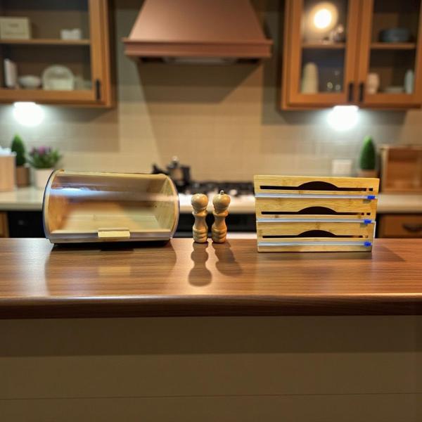 Bambu ekmeklik  ekmek dolabı - streç flim folyoluk tuzluk karaberlik 4 lü set - Image 1