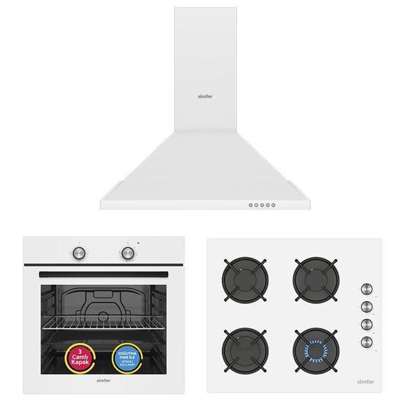 Simfer 4 Fonksiyon Trend Beyaz Cam 3'lü Ankastre Set ( Fırın -  Ocak -  Davlumbaz) - Image 1