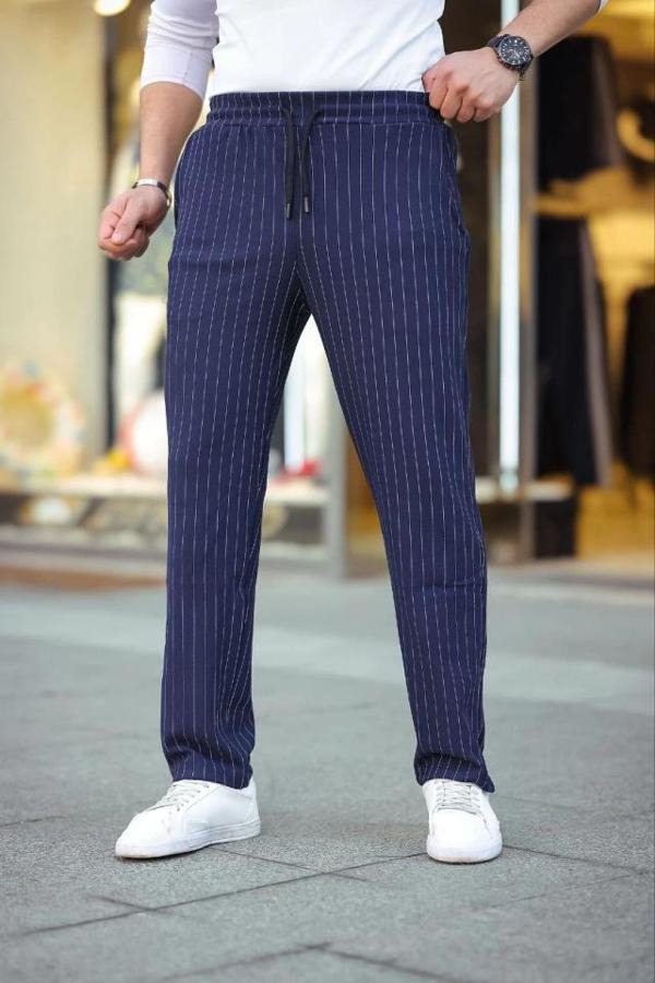 MDB Erkek Cizgili Dokuma Krep Jogger Buggy Pantalon Rahat Kalıp  acivert - Image 1
