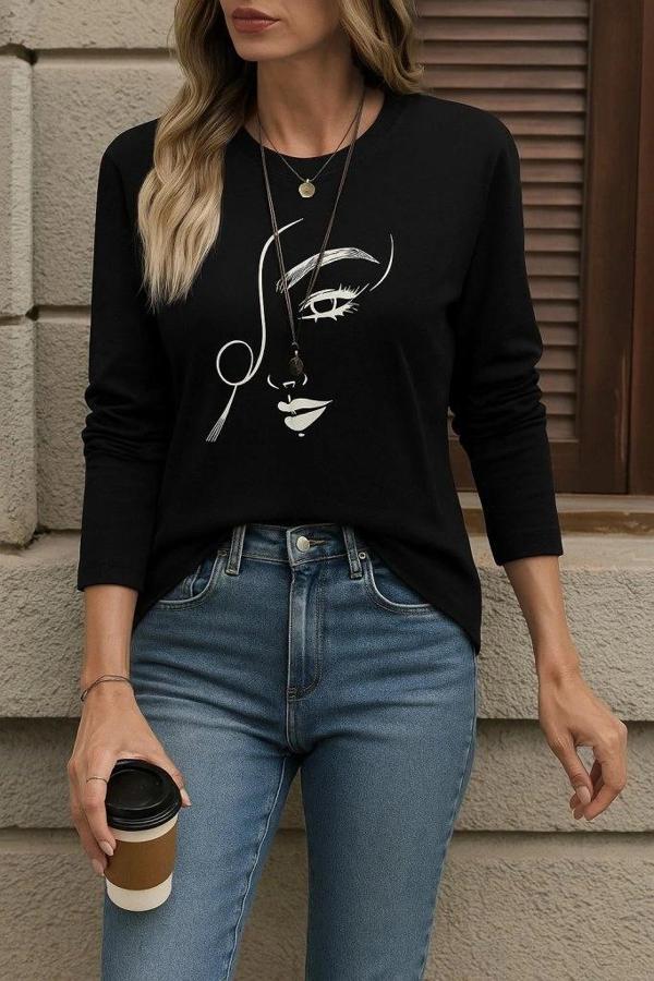 MDB Kadın Uzun Kollu Bisiklet Yaka Yüz Desenli Viskon Bluz - Image 1