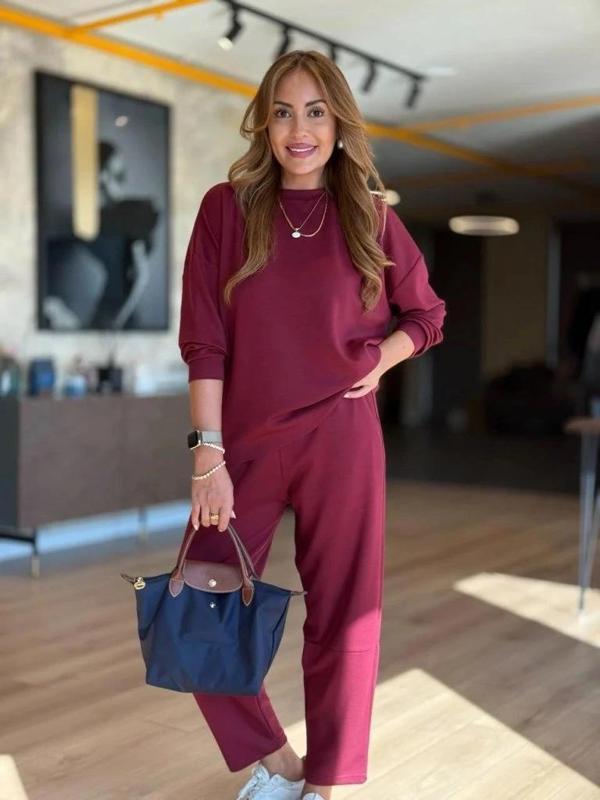 MDB Kadın Uzun Kollu Bisiklet Yaka Viskon Iki Iplik Bluz Ve Pantolon Ikili Takım - Image 1