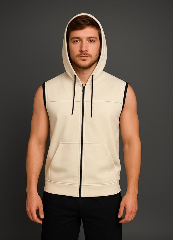 Erkek Krem Fermuarlı Kapüşonlu Kanguru Cepli Kolsuz İnterlok Yelek-Y1142 - Image 1