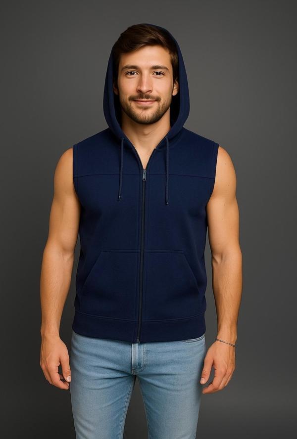 Erkek Lacivert Fermuarlı Kapüşonlu Kanguru Cepli Kolsuz İnterlok Yelek-Y1142 - Image 1