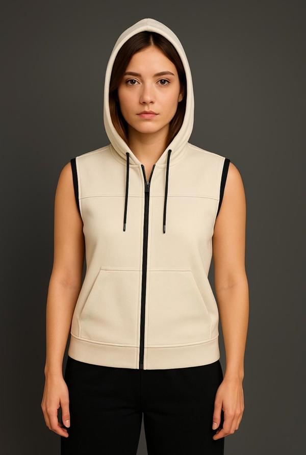Kadın Krem Fermuarlı Kapüşonlu Kanguru Cepli Kolsuz İnterlok Yelek-Y1142-K - Image 1