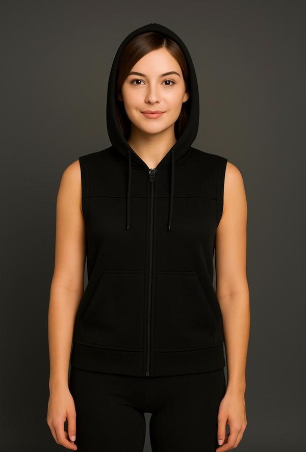 Kadın Siyah Fermuarlı Kapüşonlu Kanguru Cepli Kolsuz İnterlok Yelek-Y1142-K - Image 1