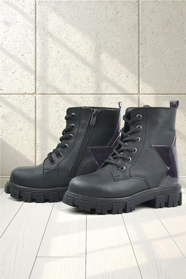 Rakerplus Siyah Hakiki Deri Platin Yıldız Detaylı Kız Çocuk Bot - Image 1