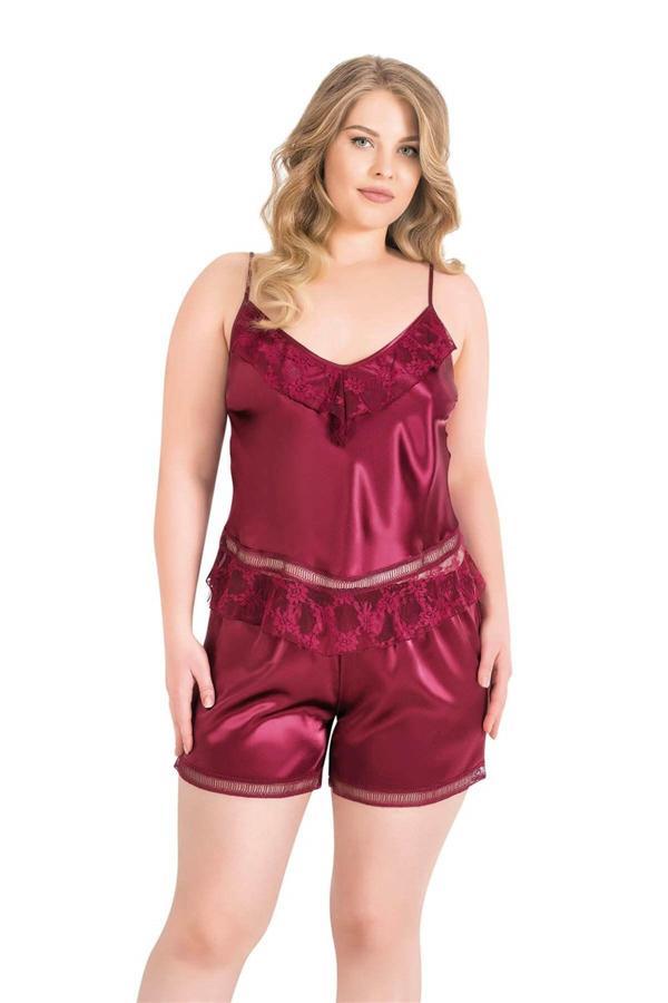 Büyük Beden Bordo Saten Babydoll Şort Takımı - Image 1