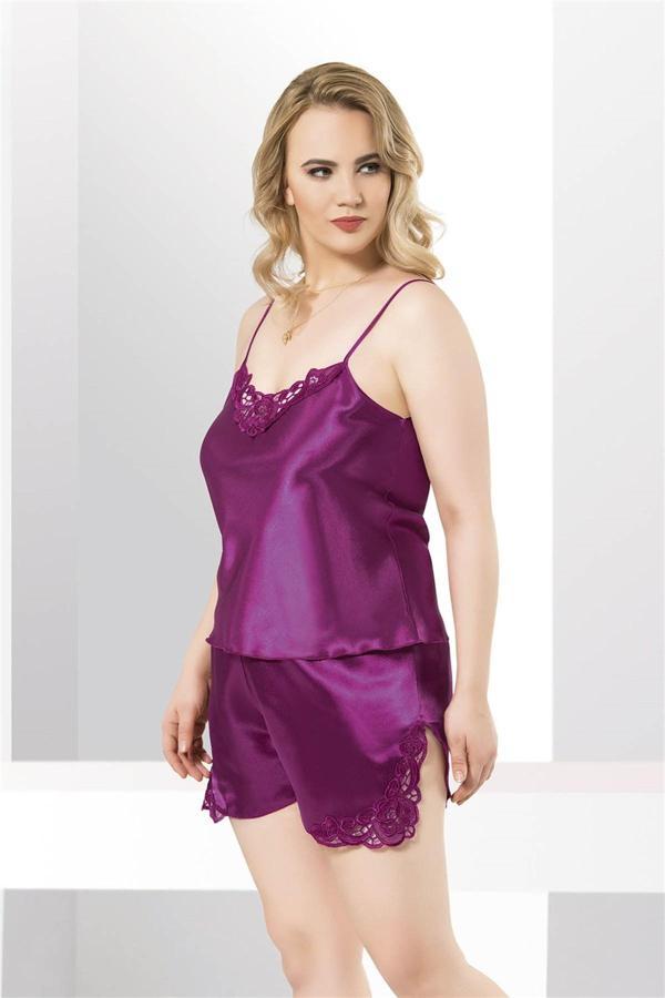 Büyük Beden Mor Saten Babydoll Şort Takımı - Image 1