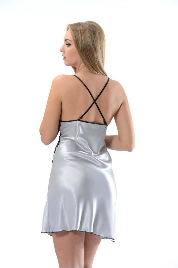 Gri Dantelli Saten Gecelik - M-386 - Image 1