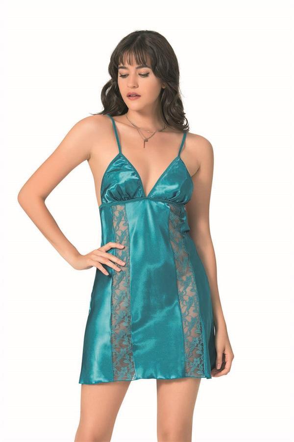 Petrol Kısa Saten Gecelik - Image 1