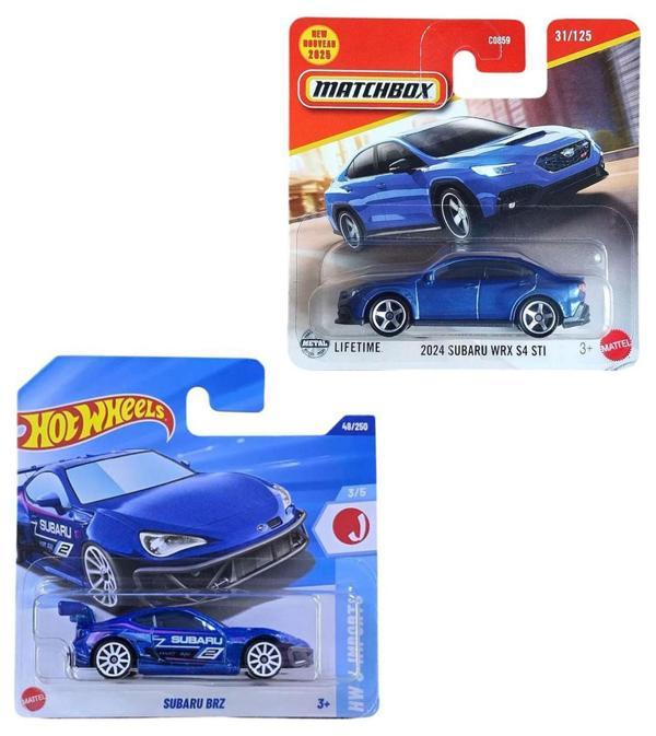 2 Araç Set - Hot Wheels Subaru BRZ & Matchbox 2024 Subaru WRX S4 STI (1/64) Mavi - Image 1