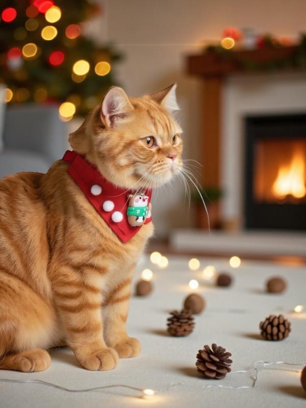 Christmas Squirrel Yılbaşı Kedi Bandanası | Ponponlu Kırmızı Noel Boyun Aksesuarı | Sevimli Sincap Figürlü Kedi Süsü - Image 1