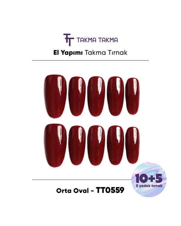 15'li Kırmızı Oval TT0559 Tekrar Kullanılabilir El Yapımı Protez Takma Tırnak Kırmızı-XS - Image 1