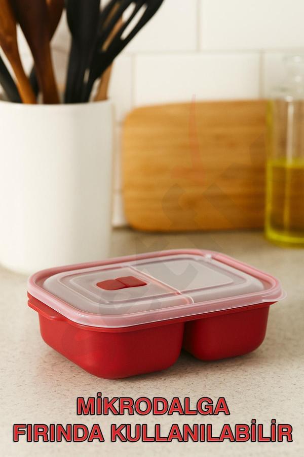 2x600ml Bölmeli Dikdörtgen Heat'n Go Saklama Kabı (Üçlü Set) - Image 1