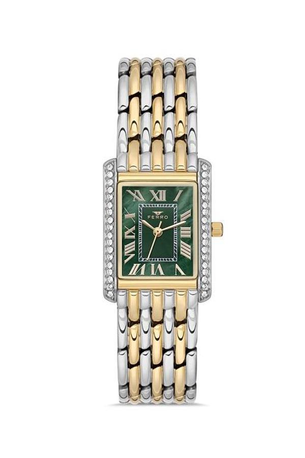 Ferro FL21483A-D6 Quartz Çelik Altın/Gri Yeşil Kadran 22 mm Kadın Kol Saati - Image 1