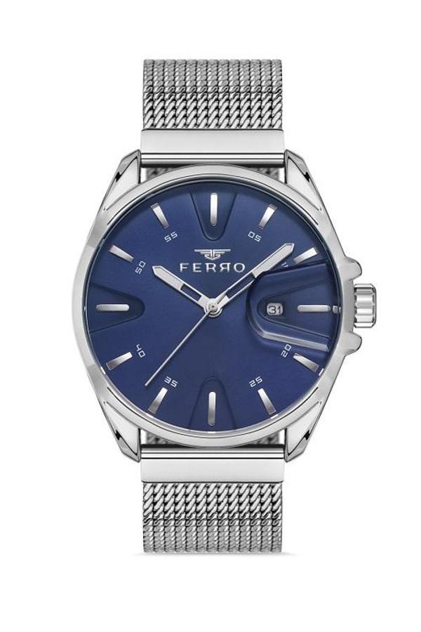Ferro F11332C-A3 Hasır Çelik Gri Mavi Kadran 43 mm Erkek Kol Saati - Image 1