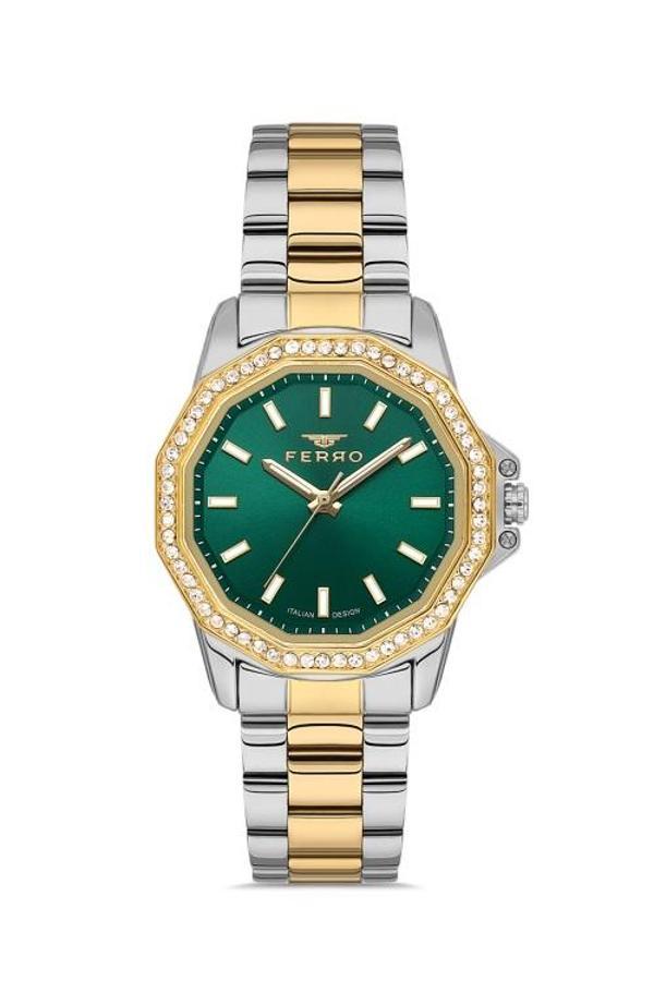 Ferro FL21540AWT-D6 Quartz Çelik Altın/Gri Yeşil Kadran 32 mm Kadın Kol Saati - Image 1