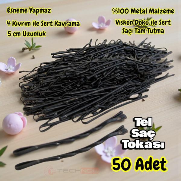 Technow Siyah %100 Metal Esnemez Dayanıklı Kadın Saç Tel Tokası 50 Adet  - Image 1