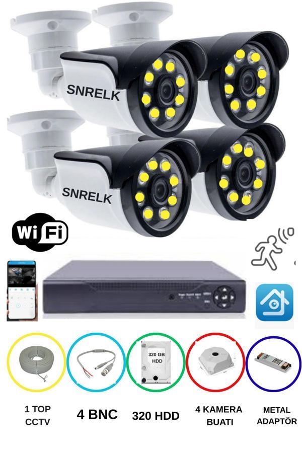 SNRELK  4'LÜ 5MP LENS WARM LEDLİ GECE RENKLİ GÜVENLİK KAMERASI AHD 320 GB SU GEÇİRMEZ FULL SET - Image 1