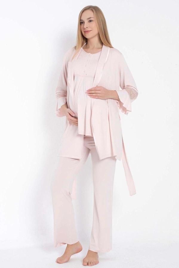 MDB Kısa Kol Bisiklet Yaka Kadın Viskon Dantel Detaylı Hamile Pijama Takımı Sabahlık - Image 1