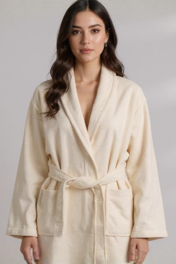 %100 Pamuk Krem Bornoz - Şalyaka Otel Bornozu, Spa Için Ideal, Günlük Kullanıma Uygun - Image 1