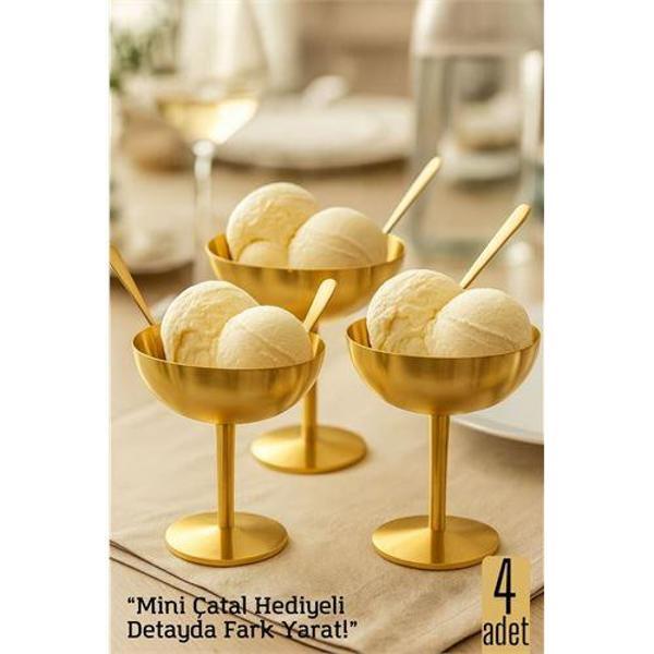 4 lü Gold Inox Çelik Ayaklı Dondurma ve Sunum Kasesi – Tatlı, Lokum ve Sunum Kabı - Image 1