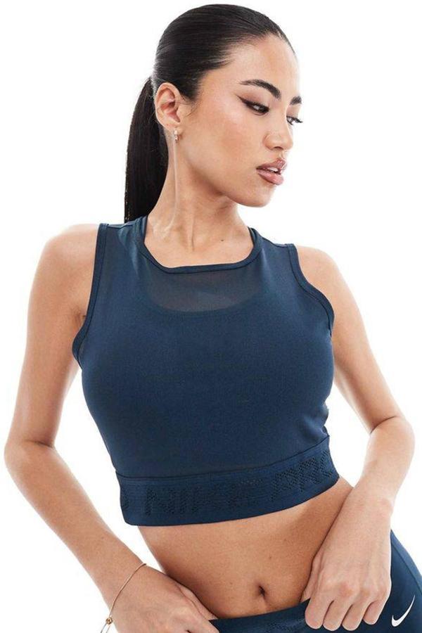 Nike Pro Women's Mesh Tight Fit Tank Top Kadın Transparan Spor Bustiyer Petrol Mavisi - Image 1