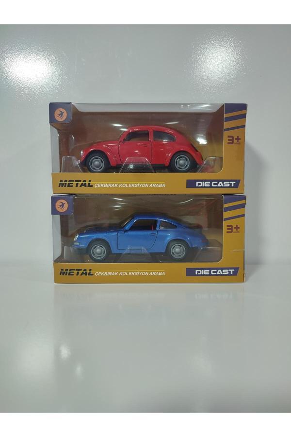 Boratila Toys Nostalji 12 Cm Çek Bırak Kırmızı Vosvos Ve Mavi Porsche 2 Li Set - Image 1