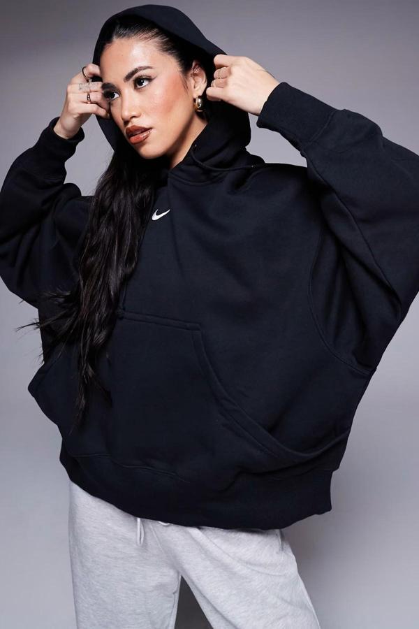 Nike Mini Swoosh Oversized Hoodie Black Hoodie Kadın Oversize Kapüşonlu Sweatshirt Siyah - Image 1